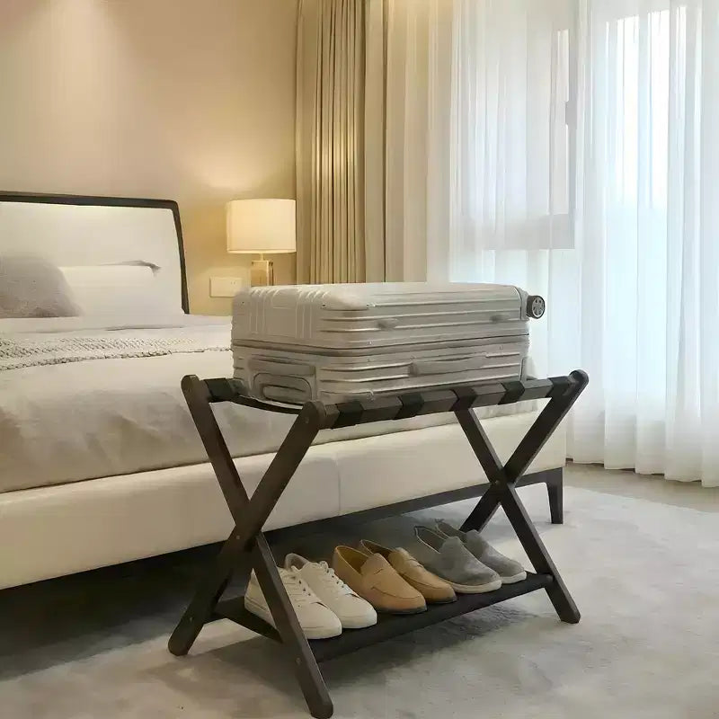 Estante Plegable de Bambú para Maletas, Paquete de 2 con Estante de Almacenamiento, Soporte de Maleta de 2 Niveles con Capacidad de hasta 50 kg para Dormitorio y Hotel