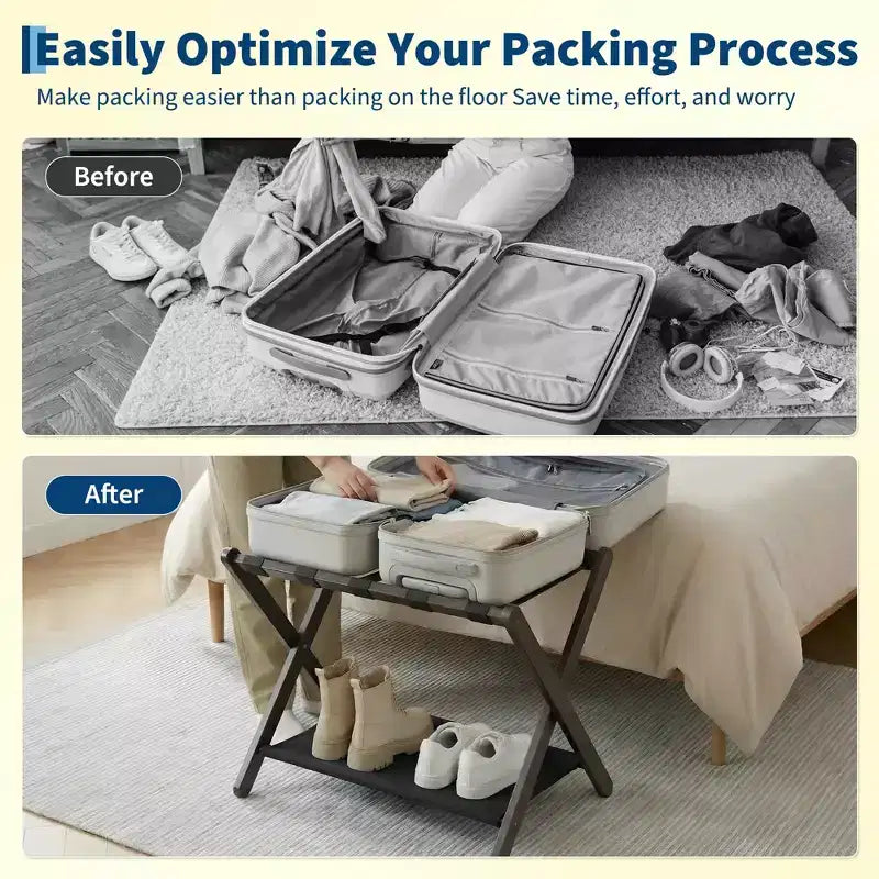 Estante Plegable de Bambú para Maletas, Paquete de 2 con Estante de Almacenamiento, Soporte de Maleta de 2 Niveles con Capacidad de hasta 50 kg para Dormitorio y Hotel
