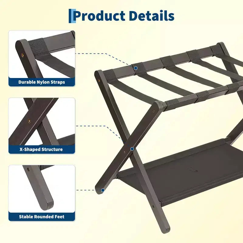 Estante Plegable de Bambú para Maletas, Paquete de 2 con Estante de Almacenamiento, Soporte de Maleta de 2 Niveles con Capacidad de hasta 50 kg para Dormitorio y Hotel