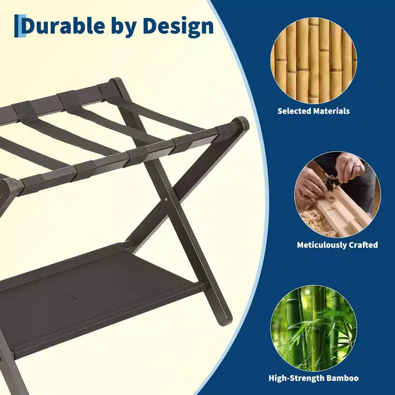 Estante Plegable de Bambú para Maletas, Paquete de 2 con Estante de Almacenamiento, Soporte de Maleta de 2 Niveles con Capacidad de hasta 50 kg para Dormitorio y Hotel
