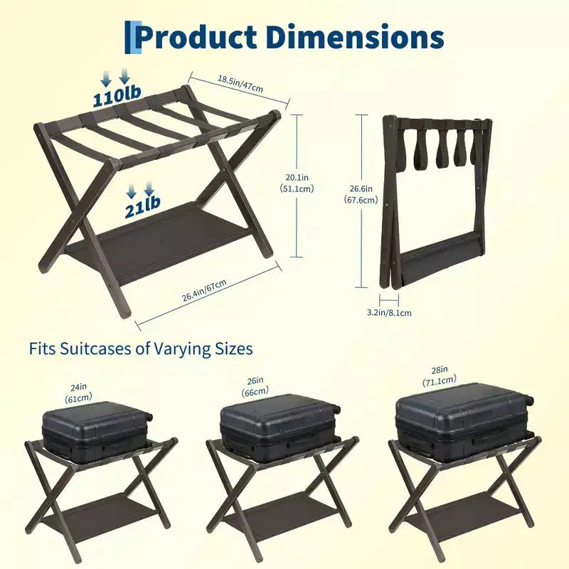 Estante Plegable de Bambú para Maletas, Paquete de 2 con Estante de Almacenamiento, Soporte de Maleta de 2 Niveles con Capacidad de hasta 50 kg para Dormitorio y Hotel