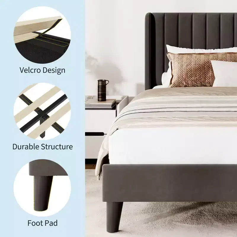 Marco de Cama Garvee de Terciopelo Tamaño Queen, Cabecero con Ala y Tapizado Acolchado, Somier de Láminas de Madera, No Requiere Box Spring, Fácil Montaje, Negro