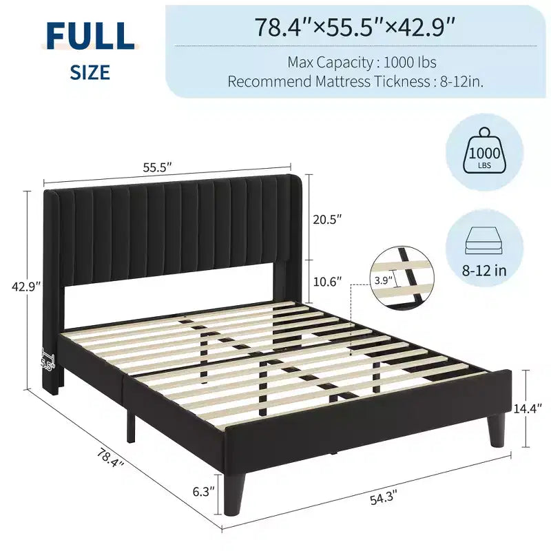 Marco de Cama Garvee de Terciopelo Tamaño Queen, Cabecero con Ala y Tapizado Acolchado, Somier de Láminas de Madera, No Requiere Box Spring, Fácil Montaje, Negro