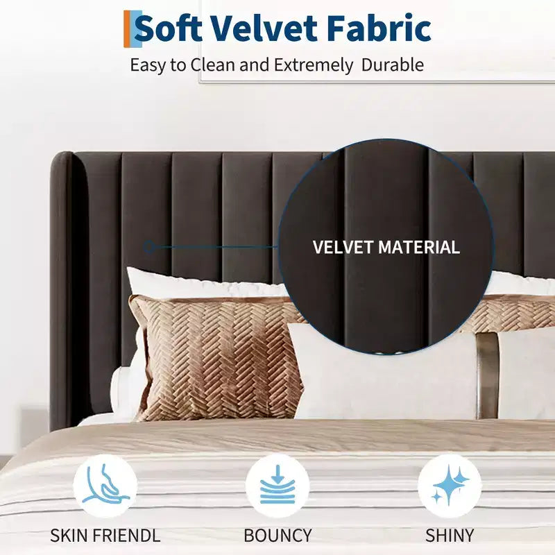 Marco de Cama Garvee de Terciopelo Tamaño Queen, Cabecero con Ala y Tapizado Acolchado, Somier de Láminas de Madera, No Requiere Box Spring, Fácil Montaje, Negro