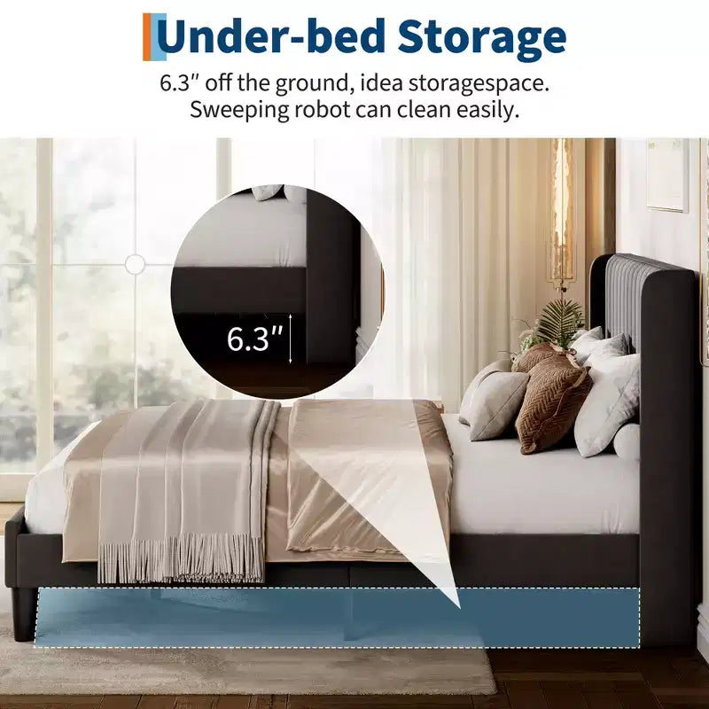 Marco de Cama Garvee de Terciopelo Tamaño Queen, Cabecero con Ala y Tapizado Acolchado, Somier de Láminas de Madera, No Requiere Box Spring, Fácil Montaje, Negro