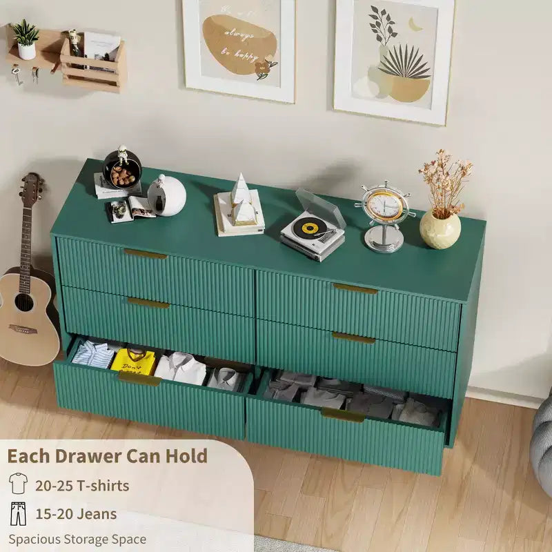 Cómoda moderna acanalada negra de 6 cajones, cofre de madera ancho con tiradores y patas de metal dorado, organizador de almacenamiento grande para dormitorio, sala de estar y entrada