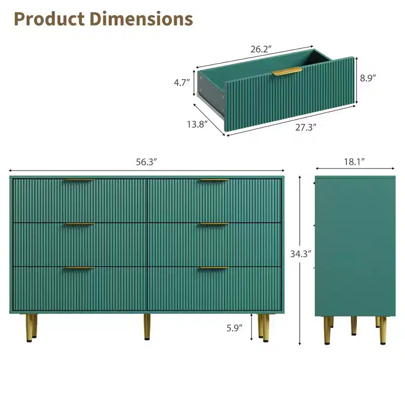 Cómoda moderna acanalada negra de 6 cajones, cofre de madera ancho con tiradores y patas de metal dorado, organizador de almacenamiento grande para dormitorio, sala de estar y entrada