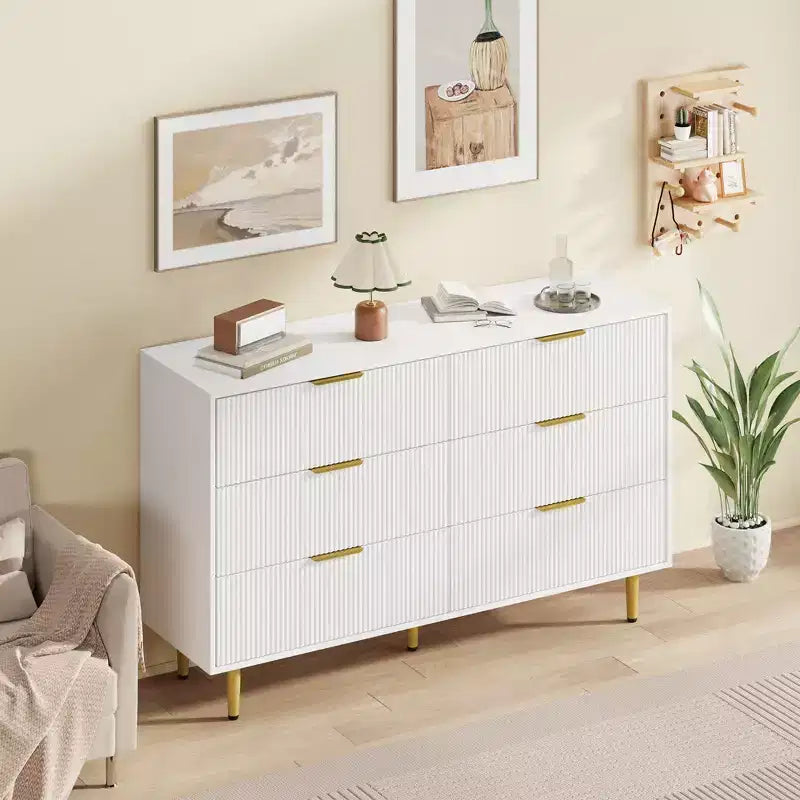 Cómoda moderna acanalada negra de 6 cajones, cofre de madera ancho con tiradores y patas de metal dorado, organizador de almacenamiento grande para dormitorio, sala de estar y entrada