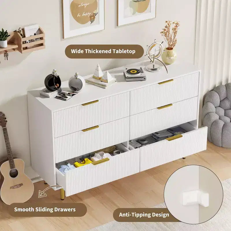 Cómoda moderna acanalada negra de 6 cajones, cofre de madera ancho con tiradores y patas de metal dorado, organizador de almacenamiento grande para dormitorio, sala de estar y entrada