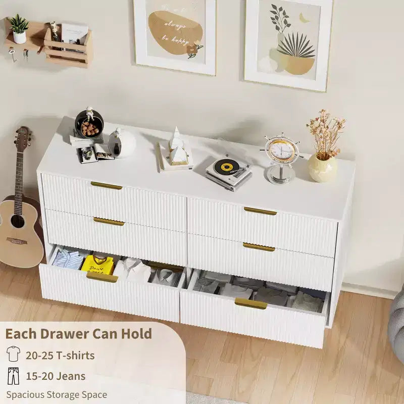 Cómoda moderna acanalada negra de 6 cajones, cofre de madera ancho con tiradores y patas de metal dorado, organizador de almacenamiento grande para dormitorio, sala de estar y entrada
