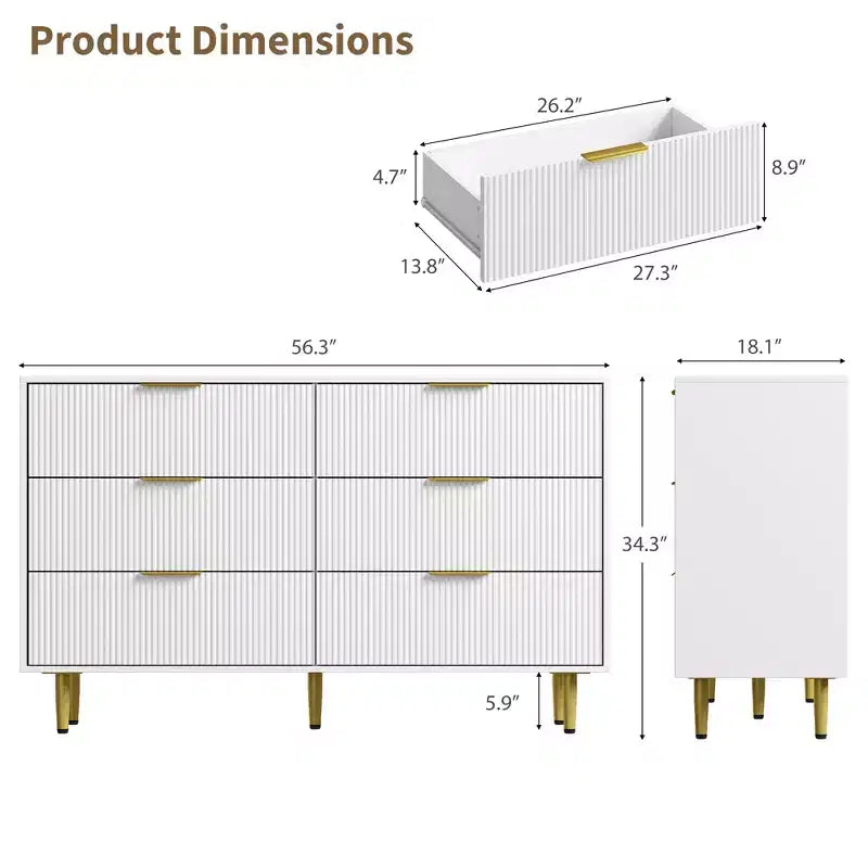 Cómoda moderna acanalada negra de 6 cajones, cofre de madera ancho con tiradores y patas de metal dorado, organizador de almacenamiento grande para dormitorio, sala de estar y entrada