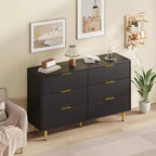 Cómoda moderna acanalada negra de 6 cajones, cofre de madera ancho con tiradores y patas de metal dorado, organizador de almacenamiento grande para dormitorio, sala de estar y entrada