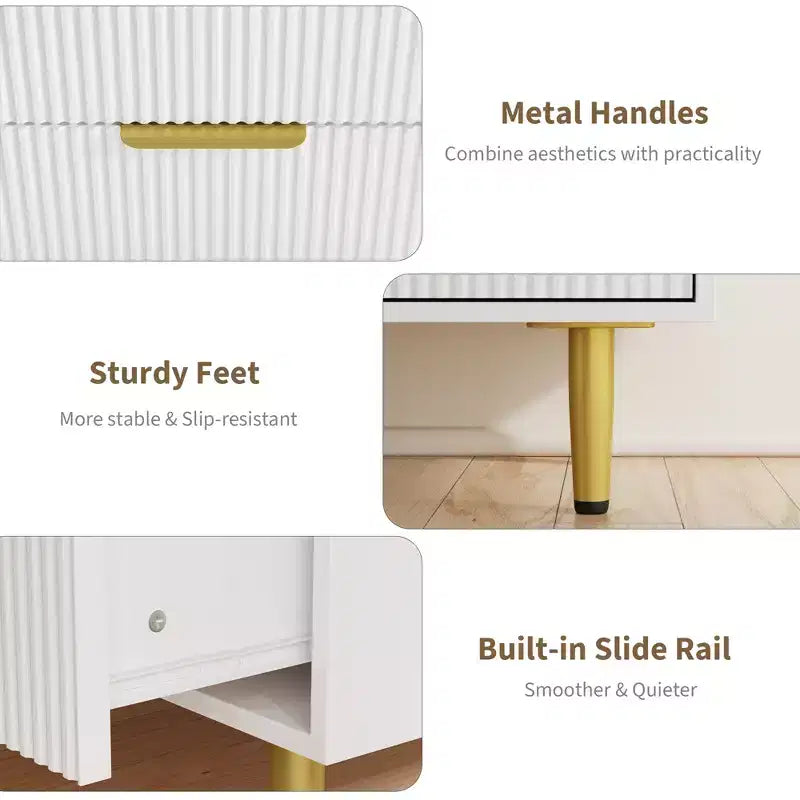 Cómoda moderna acanalada negra de 6 cajones, cofre de madera ancho con tiradores y patas de metal dorado, organizador de almacenamiento grande para dormitorio, sala de estar y entrada