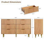 Cómoda moderna acanalada negra de 6 cajones, cofre de madera ancho con tiradores y patas de metal dorado, organizador de almacenamiento grande para dormitorio, sala de estar y entrada