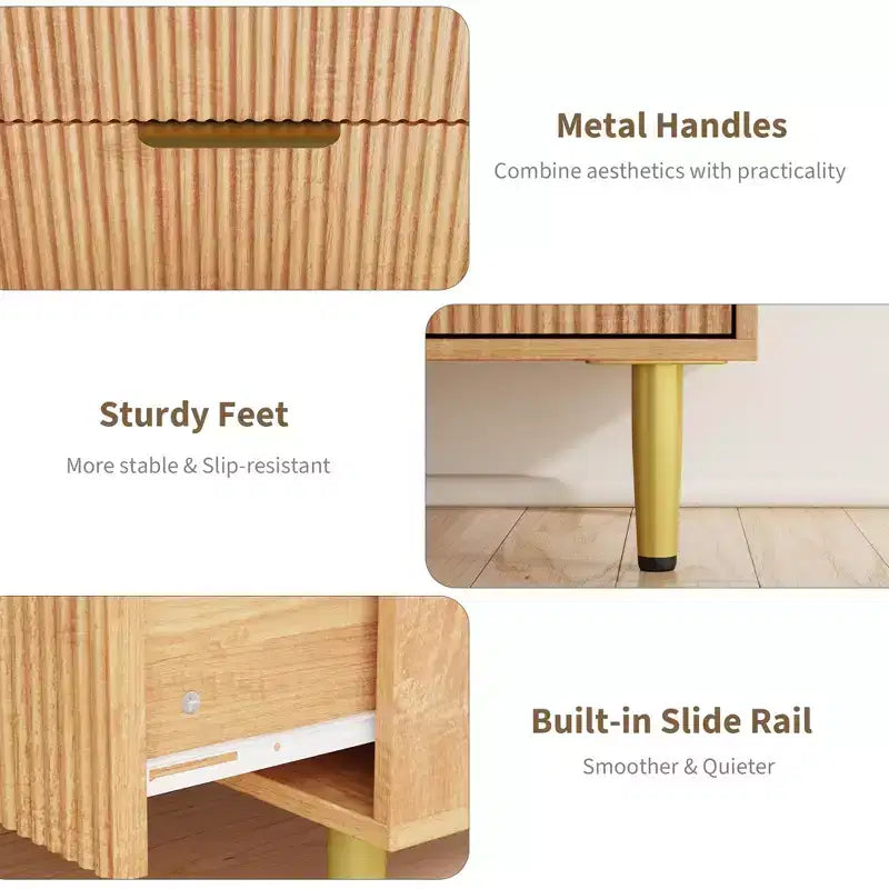 Cómoda moderna acanalada negra de 6 cajones, cofre de madera ancho con tiradores y patas de metal dorado, organizador de almacenamiento grande para dormitorio, sala de estar y entrada