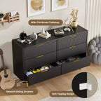 Cómoda moderna acanalada negra de 6 cajones, cofre de madera ancho con tiradores y patas de metal dorado, organizador de almacenamiento grande para dormitorio, sala de estar y entrada