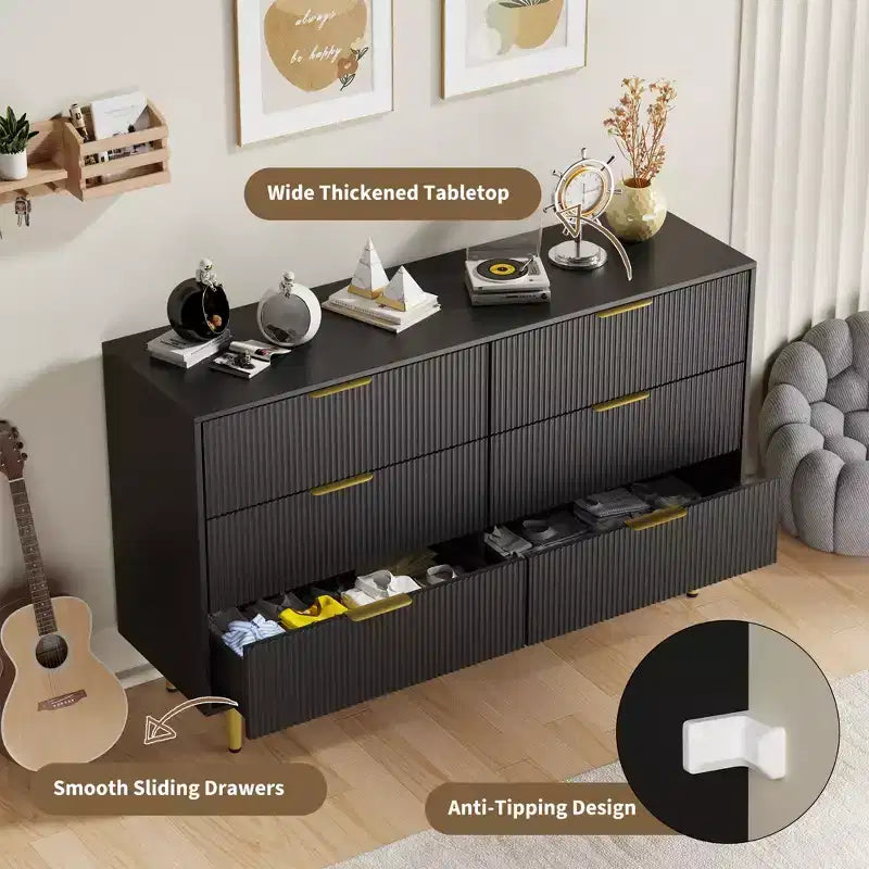 Cómoda moderna acanalada negra de 6 cajones, cofre de madera ancho con tiradores y patas de metal dorado, organizador de almacenamiento grande para dormitorio, sala de estar y entrada