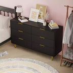 Cómoda moderna acanalada negra de 6 cajones, cofre de madera ancho con tiradores y patas de metal dorado, organizador de almacenamiento grande para dormitorio, sala de estar y entrada