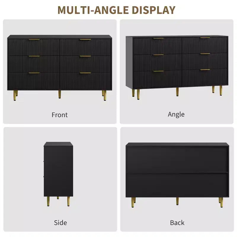 Cómoda moderna acanalada negra de 6 cajones, cofre de madera ancho con tiradores y patas de metal dorado, organizador de almacenamiento grande para dormitorio, sala de estar y entrada