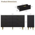 Cómoda moderna acanalada negra de 6 cajones, cofre de madera ancho con tiradores y patas de metal dorado, organizador de almacenamiento grande para dormitorio, sala de estar y entrada