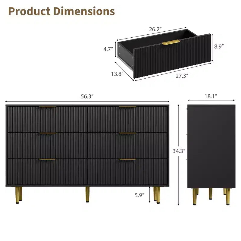 Cómoda moderna acanalada negra de 6 cajones, cofre de madera ancho con tiradores y patas de metal dorado, organizador de almacenamiento grande para dormitorio, sala de estar y entrada