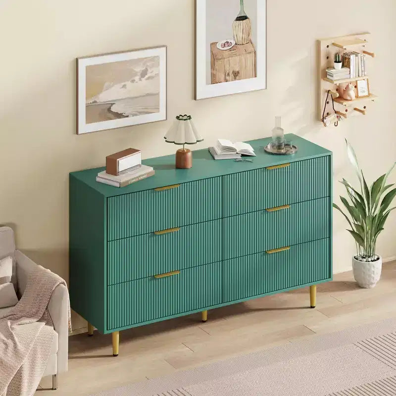 Cómoda moderna acanalada negra de 6 cajones, cofre de madera ancho con tiradores y patas de metal dorado, organizador de almacenamiento grande para dormitorio, sala de estar y entrada