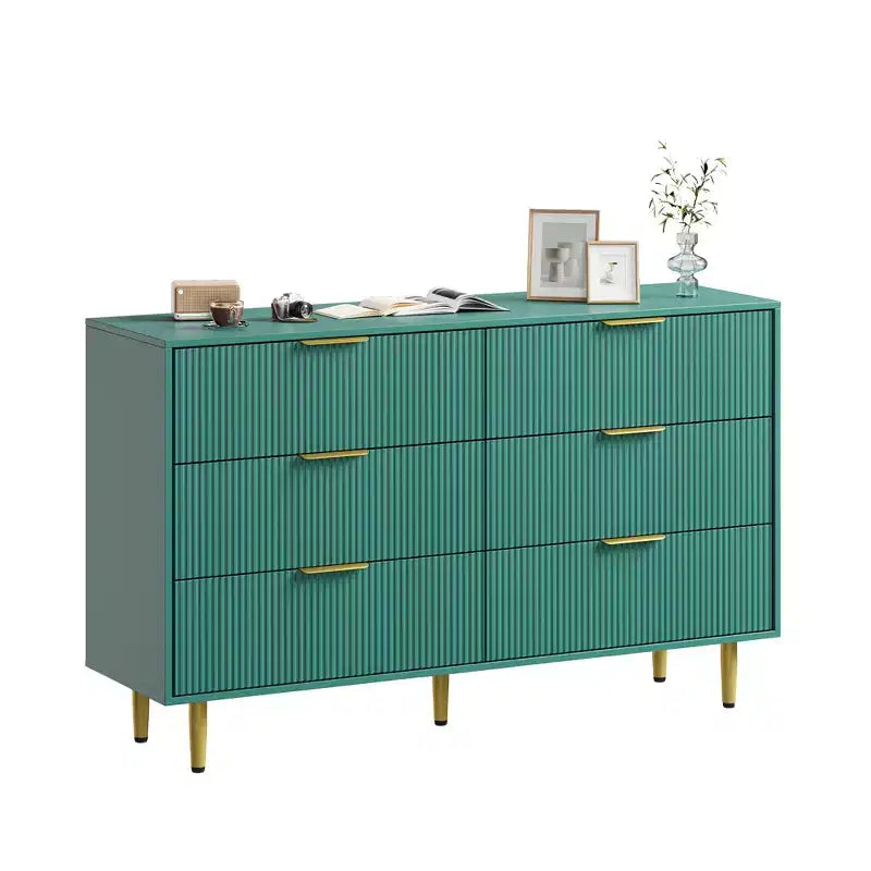 Cómoda moderna acanalada negra de 6 cajones, cofre de madera ancho con tiradores y patas de metal dorado, organizador de almacenamiento grande para dormitorio, sala de estar y entrada