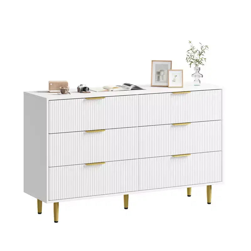 Cómoda moderna acanalada negra de 6 cajones, cofre de madera ancho con tiradores y patas de metal dorado, organizador de almacenamiento grande para dormitorio, sala de estar y entrada