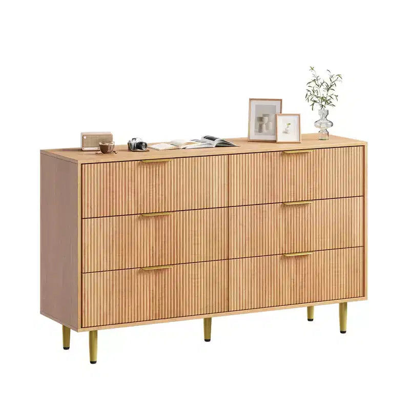 Cómoda moderna acanalada negra de 6 cajones, cofre de madera ancho con tiradores y patas de metal dorado, organizador de almacenamiento grande para dormitorio, sala de estar y entrada