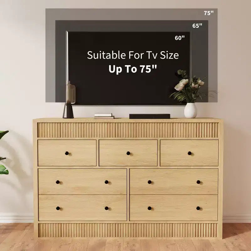 Cómoda de madera de 7 cajones de 54 pulgadas de ancho, cómoda estriada y organizador de almacenamiento para dormitorio, sala de estar, pasillo y entrada