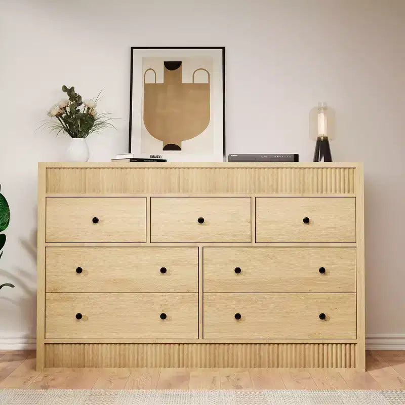 Cómoda de madera de 7 cajones de 54 pulgadas de ancho, cómoda estriada y organizador de almacenamiento para dormitorio, sala de estar, pasillo y entrada