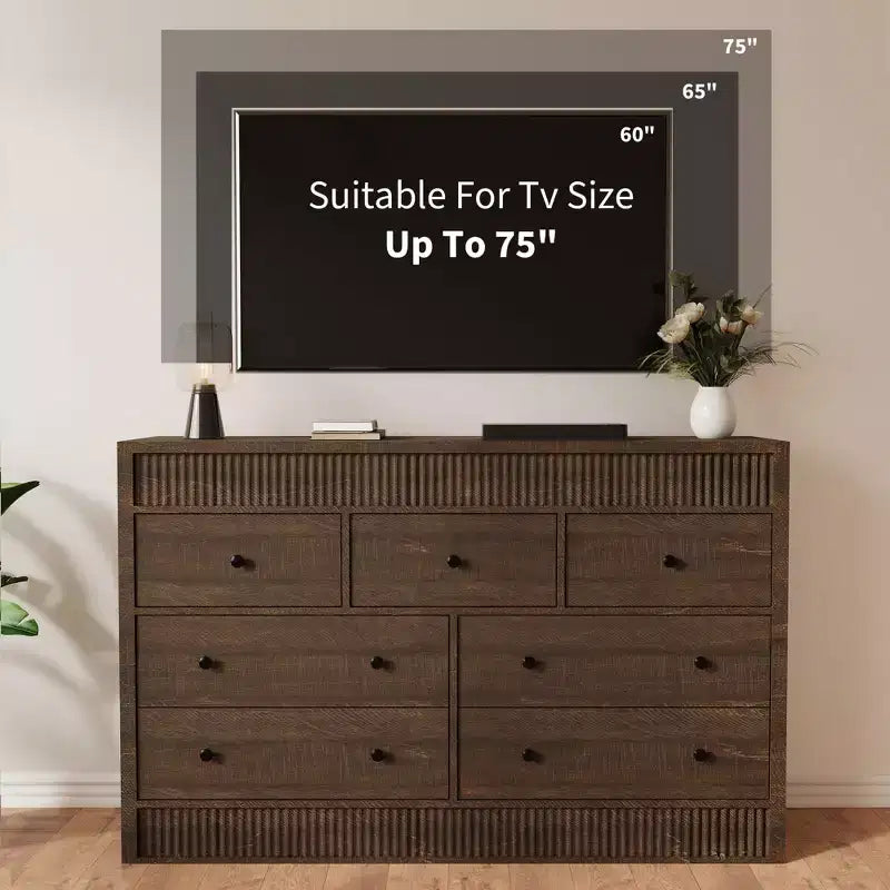 Cómoda de madera de 7 cajones de 54 pulgadas de ancho, cómoda estriada y organizador de almacenamiento para dormitorio, sala de estar, pasillo y entrada