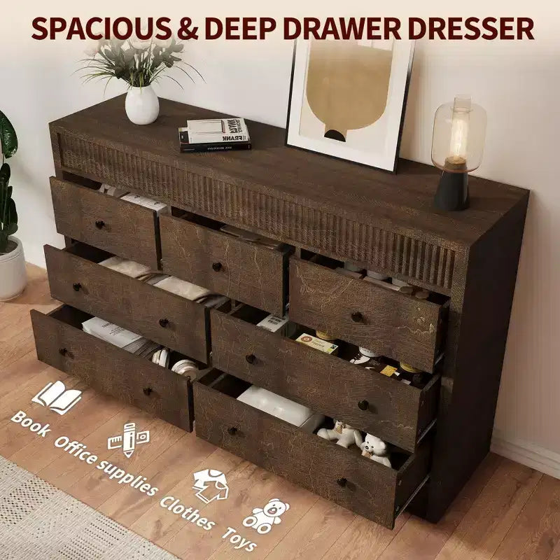 Cómoda de madera de 7 cajones de 54 pulgadas de ancho, cómoda estriada y organizador de almacenamiento para dormitorio, sala de estar, pasillo y entrada