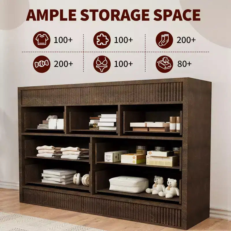 Cómoda de madera de 7 cajones de 54 pulgadas de ancho, cómoda estriada y organizador de almacenamiento para dormitorio, sala de estar, pasillo y entrada