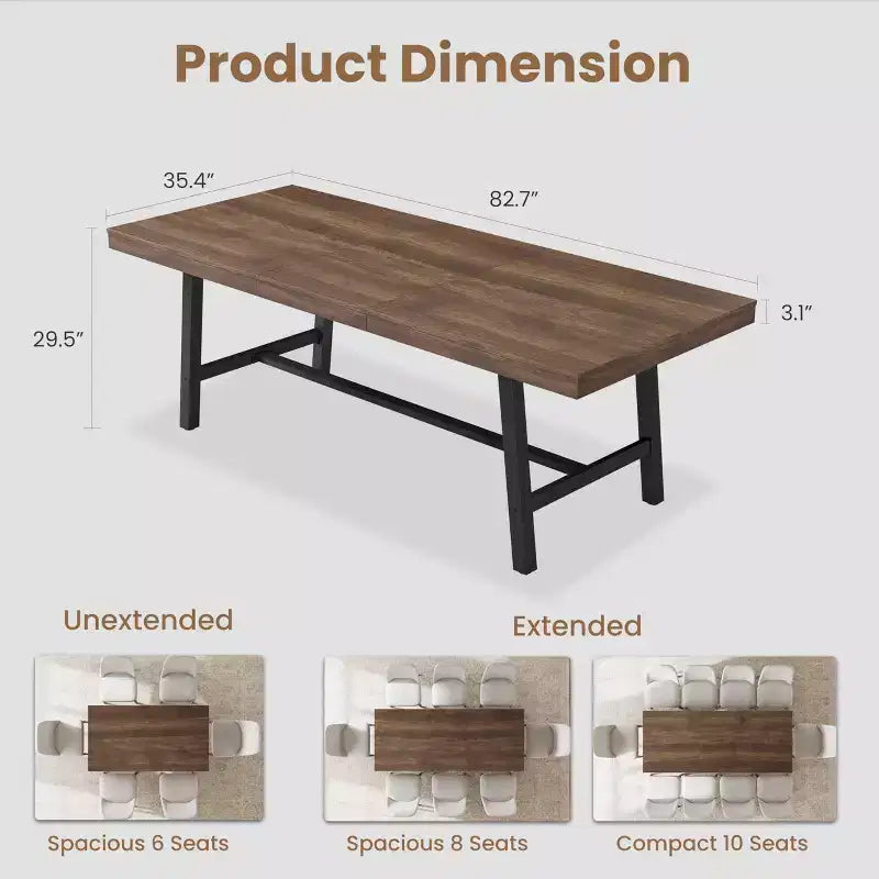 Mesa de comedor extensible de 63-83 pulgadas, mesa rectangular industrial para 6-8 personas, mesa de cocina rústica marrón extensible con estructura metálica resistente