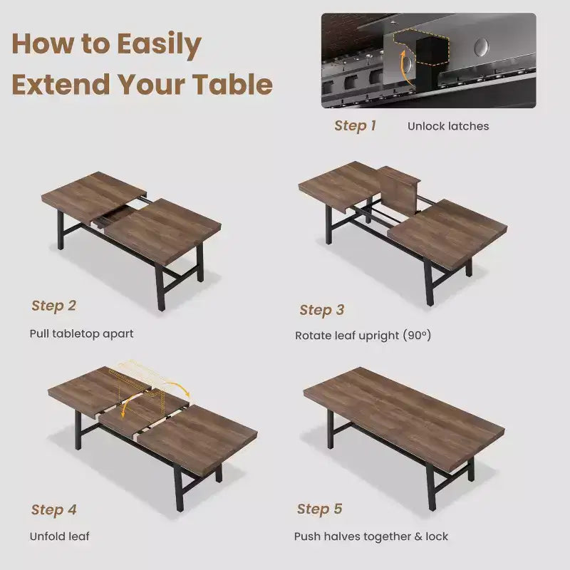 Mesa de comedor extensible de 63-83 pulgadas, mesa rectangular industrial para 6-8 personas, mesa de cocina rústica marrón extensible con estructura metálica resistente