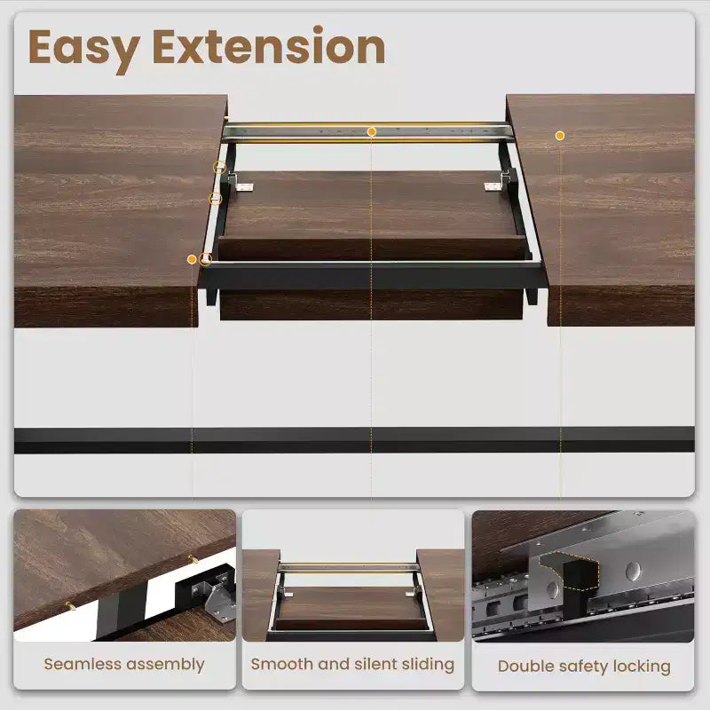 Mesa de comedor extensible de 63-83 pulgadas, mesa rectangular industrial para 6-8 personas, mesa de cocina rústica marrón extensible con estructura metálica resistente