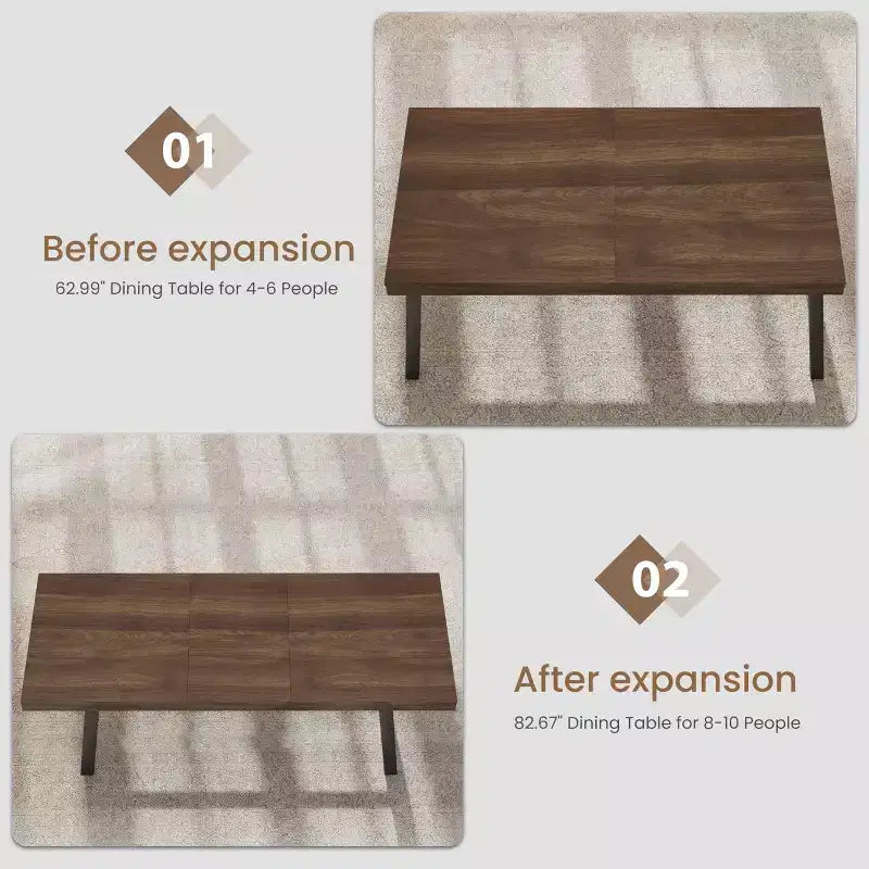 Mesa de comedor extensible de 63-83 pulgadas, mesa rectangular industrial para 6-8 personas, mesa de cocina rústica marrón extensible con estructura metálica resistente