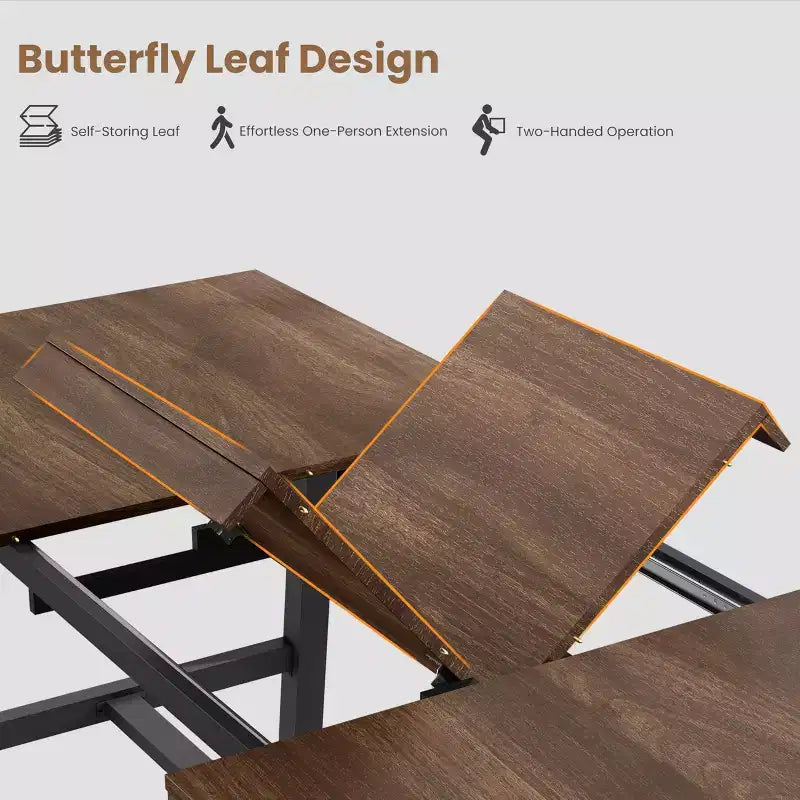 Mesa de comedor extensible de 63-83 pulgadas, mesa rectangular industrial para 6-8 personas, mesa de cocina rústica marrón extensible con estructura metálica resistente