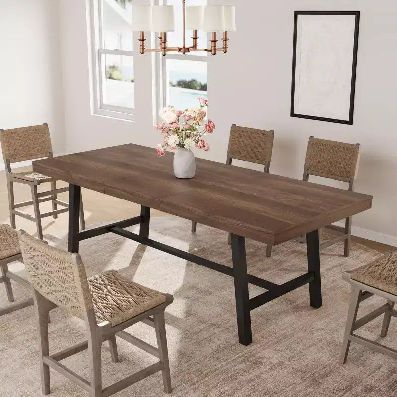 Mesa de comedor extensible de 63-83 pulgadas, mesa rectangular industrial para 6-8 personas, mesa de cocina rústica marrón extensible con estructura metálica resistente