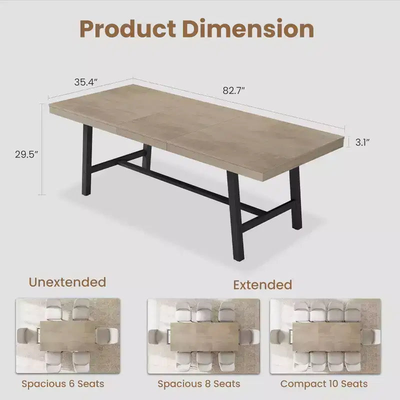 Mesa de comedor extensible de 63-83 pulgadas, mesa rectangular industrial para 6-8 personas, mesa de cocina rústica marrón extensible con estructura metálica resistente