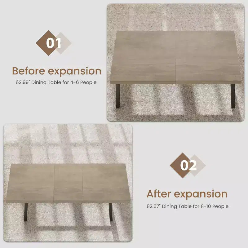 Mesa de comedor extensible de 63-83 pulgadas, mesa rectangular industrial para 6-8 personas, mesa de cocina rústica marrón extensible con estructura metálica resistente