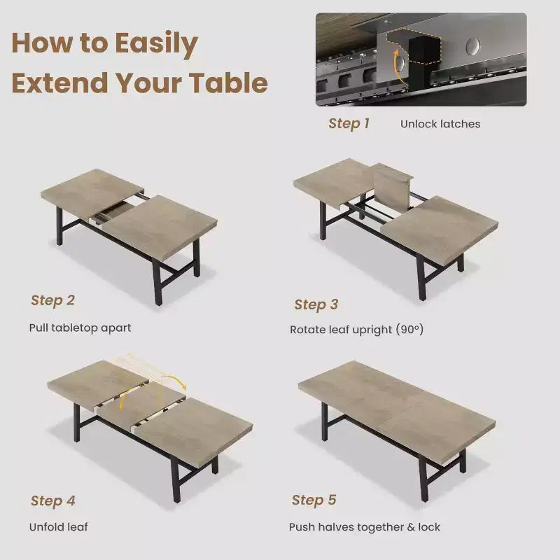 Mesa de comedor extensible de 63-83 pulgadas, mesa rectangular industrial para 6-8 personas, mesa de cocina rústica marrón extensible con estructura metálica resistente