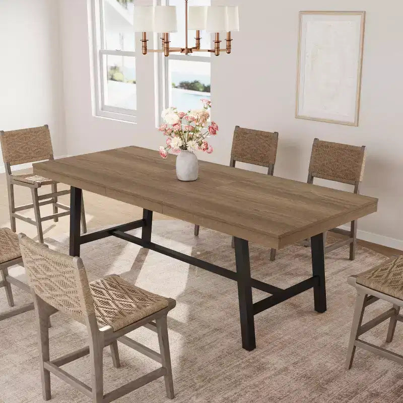 Mesa de comedor extensible de 63-83 pulgadas, mesa rectangular industrial para 6-8 personas, mesa de cocina rústica marrón extensible con estructura metálica resistente