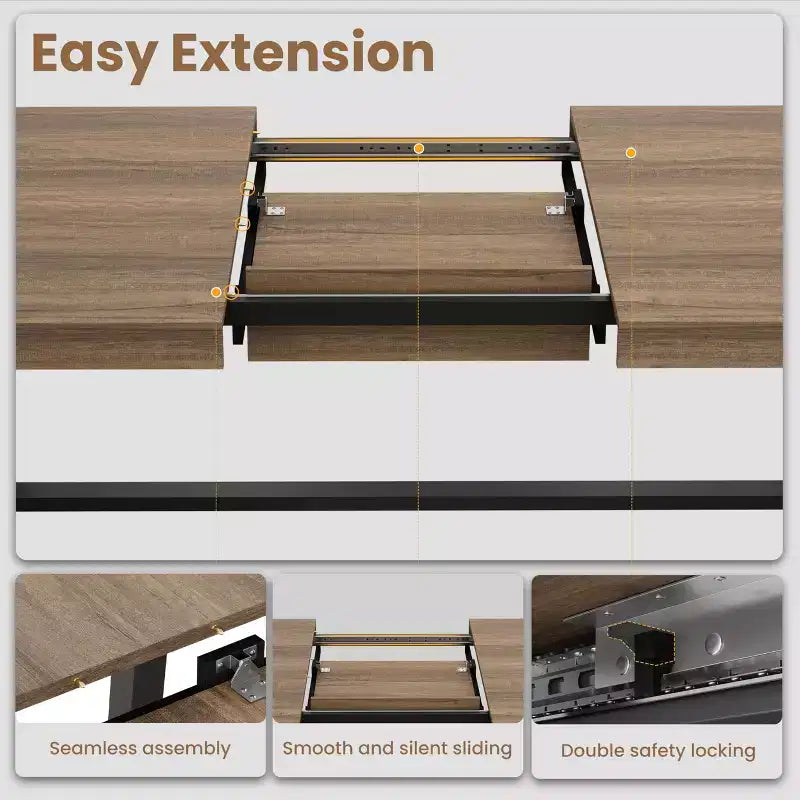 Mesa de comedor extensible de 63-83 pulgadas, mesa rectangular industrial para 6-8 personas, mesa de cocina rústica marrón extensible con estructura metálica resistente