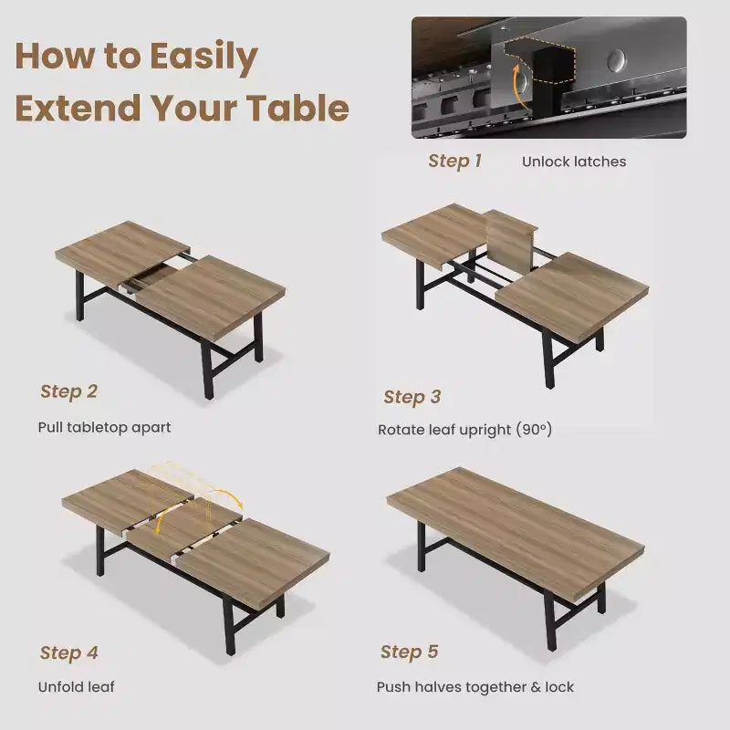 Mesa de comedor extensible de 63-83 pulgadas, mesa rectangular industrial para 6-8 personas, mesa de cocina rústica marrón extensible con estructura metálica resistente