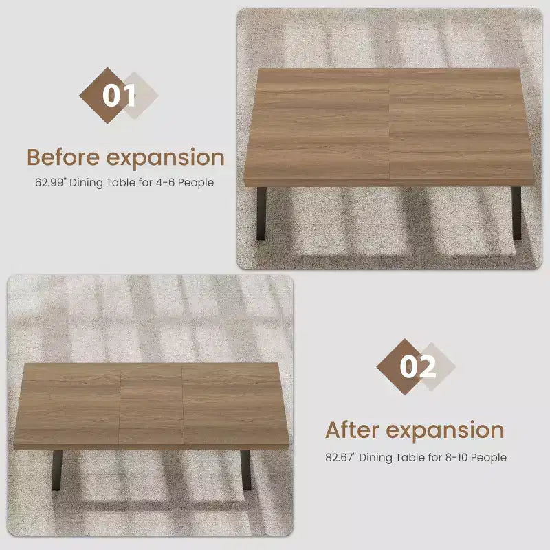 Mesa de comedor extensible de 63-83 pulgadas, mesa rectangular industrial para 6-8 personas, mesa de cocina rústica marrón extensible con estructura metálica resistente