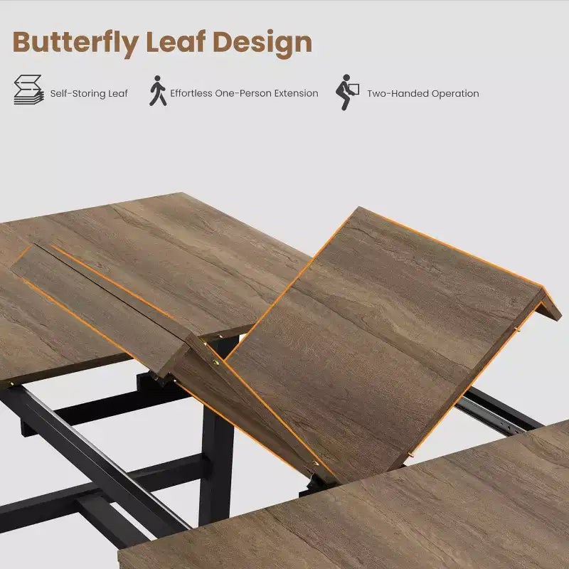 Mesa de comedor extensible de 63-83 pulgadas, mesa rectangular industrial para 6-8 personas, mesa de cocina rústica marrón extensible con estructura metálica resistente