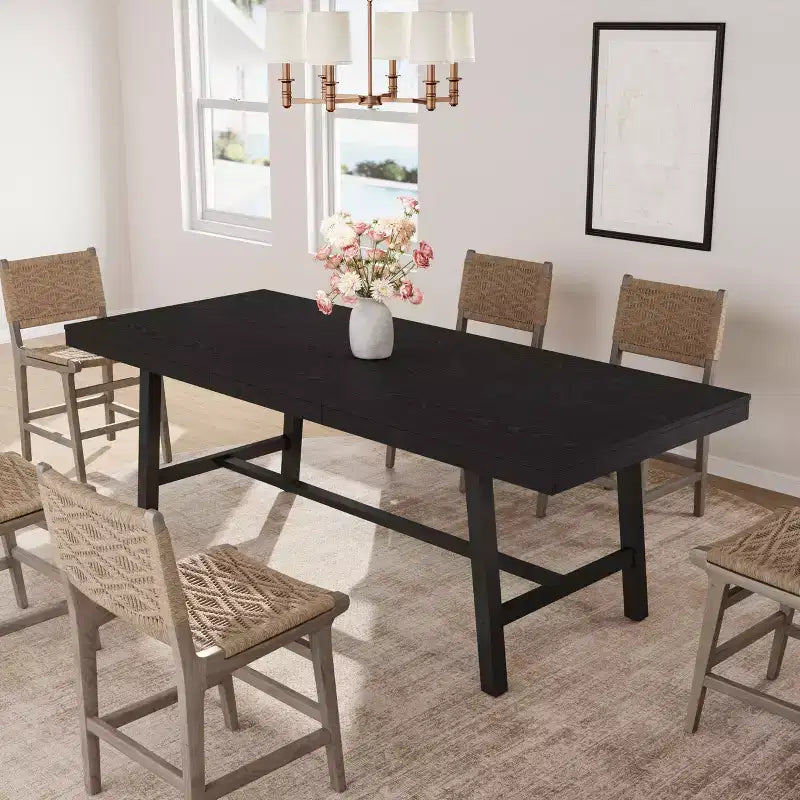 Mesa de comedor extensible de 63-83 pulgadas, mesa rectangular industrial para 6-8 personas, mesa de cocina rústica marrón extensible con estructura metálica resistente