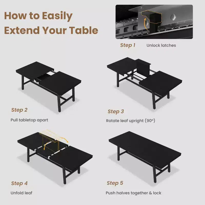 Mesa de comedor extensible de 63-83 pulgadas, mesa rectangular industrial para 6-8 personas, mesa de cocina rústica marrón extensible con estructura metálica resistente
